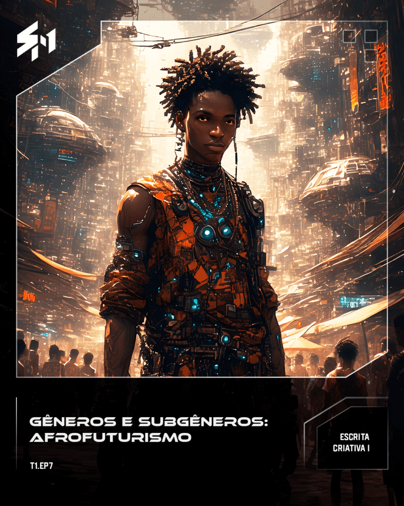 Uma pessoa negra parada numa cidade que expressa a cultura africana com uma mistura de ficção científica.
