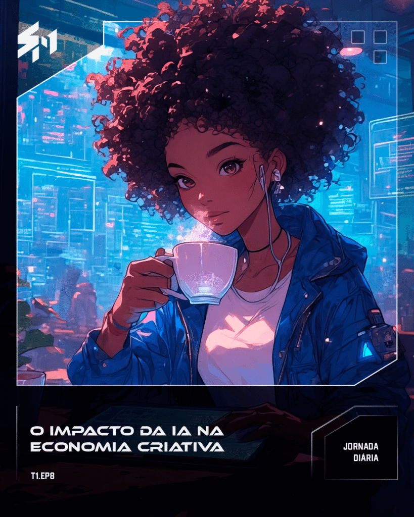 Maya sentada no café a beber chá e a trabalhar no seu tablet.